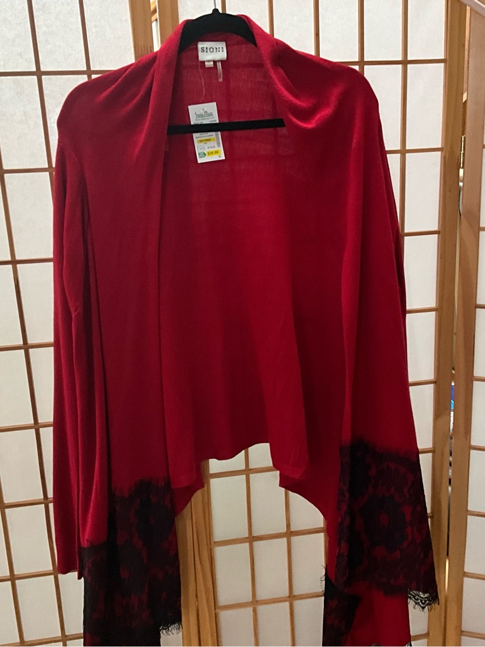 NWT Sioni Studio Black Lace Wool Blend Red a Open Front Cardigan Size L